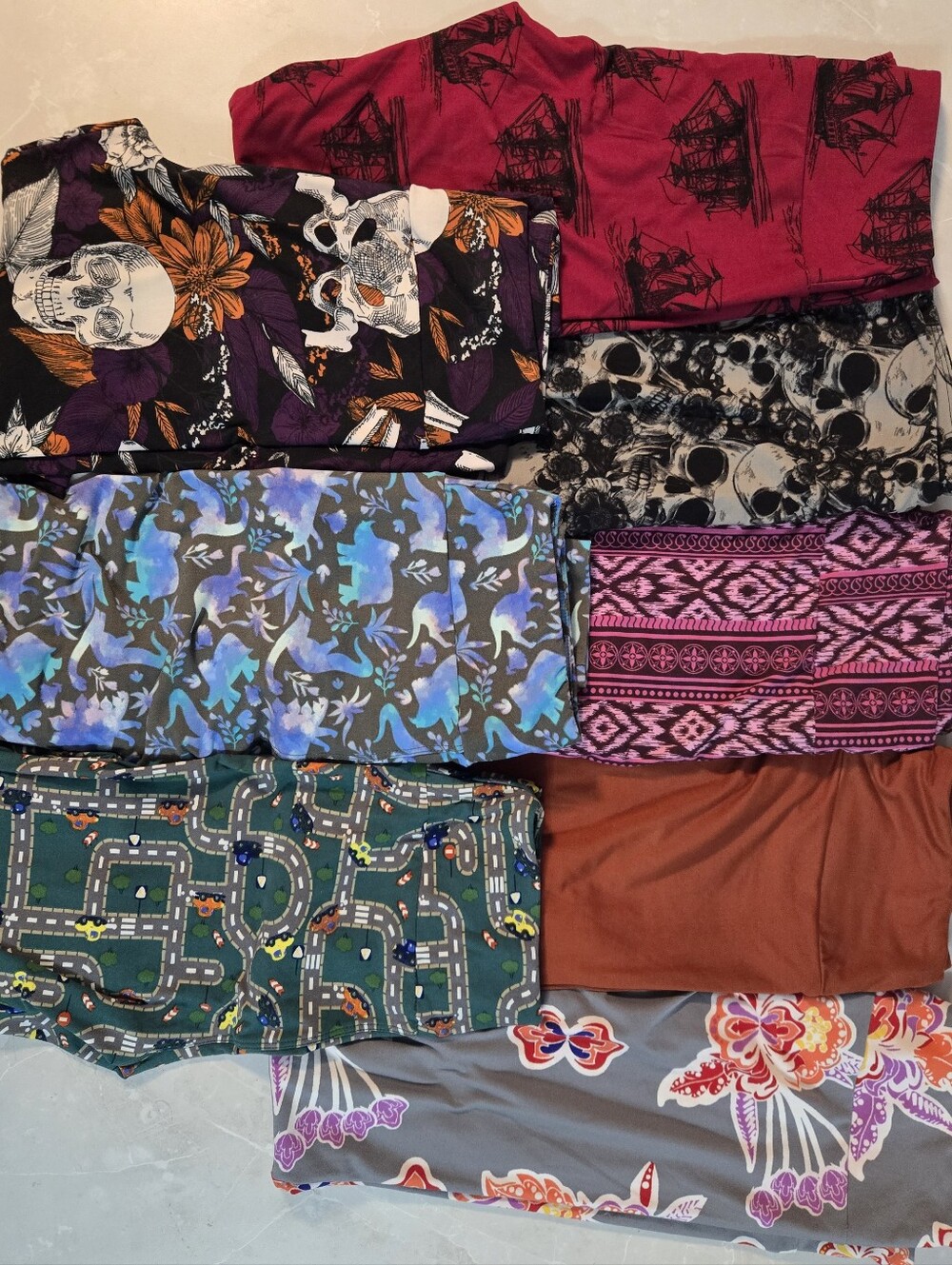 Lularoe Assorted Printed Leggings Bundle — Skulls, Florals, Purple & Teal O/S